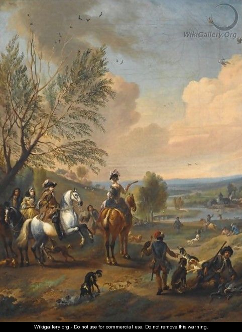 An Elegant Hunting Party Resting Under A Tree, A River And A Village Beyond - Jan Wyck