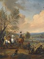 An Elegant Hunting Party Resting Under A Tree, A River And A Village Beyond - Jan Wyck