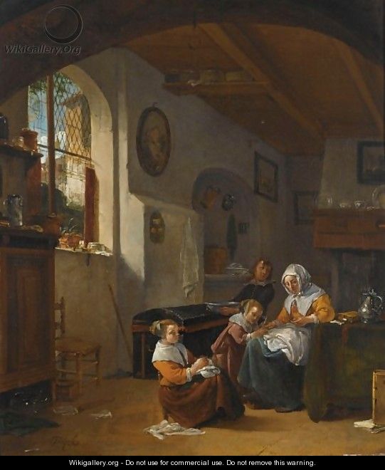 An Interior With A Mother Teaching A Girl To Write, A Young Boy Carrying A Bowl - Thomas Wijck
