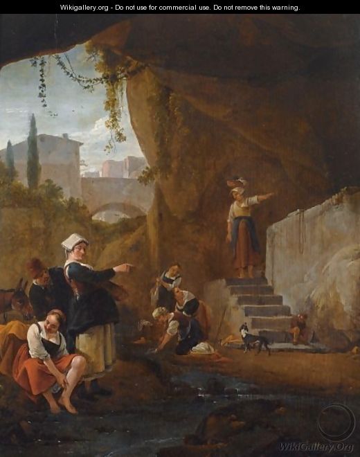 An Interior Of A Cave With Women Washing Their Laundry In A Stream - Thomas Wijck