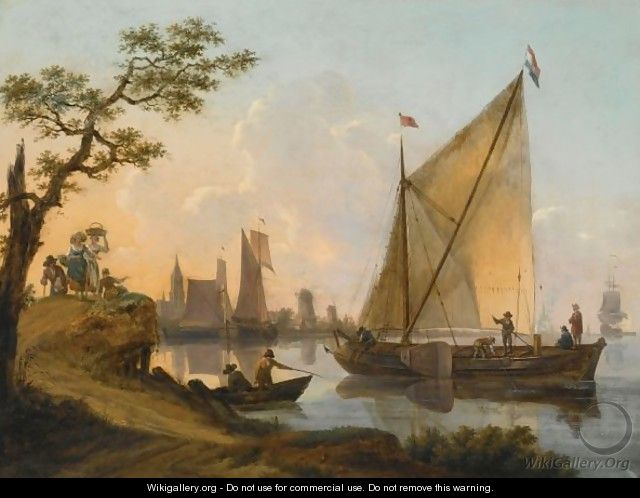 A River Landscape With A Sailing Boat, Two Fishermen In A Boat In The Foreground - Frans Swagers