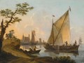 A River Landscape With A Sailing Boat, Two Fishermen In A Boat In The Foreground - Frans Swagers