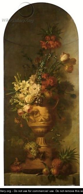 Still Life With Lilies, Tulips, Roses, Morning Glory, Auricula, Hyacinths, An Imperial Crown And Other Flowers In A Terracotta Vase - Willem van Leen