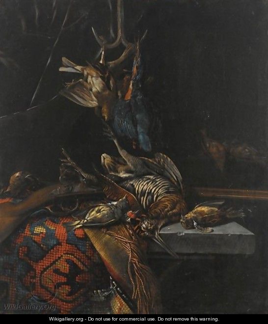 A Still Life With A Woodcock, A Kingfisher And Songbirds, All On A Stone Table Draped With A Tapestry, Together With A Gun - Cornelis van Lelienbergh