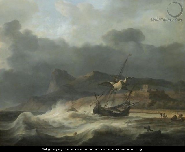 A Mountainous Coastal Landscape With A Ship Beached In A Storm, Figures Gathering Cargo To The Right - Aernout Smit