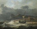 A Mountainous Coastal Landscape With A Ship Beached In A Storm, Figures Gathering Cargo To The Right - Aernout Smit