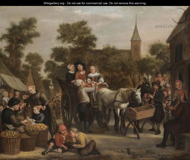 A Market Scene, With A Horse And Cart And Travellers Taking Refreshment - Jan Victors
