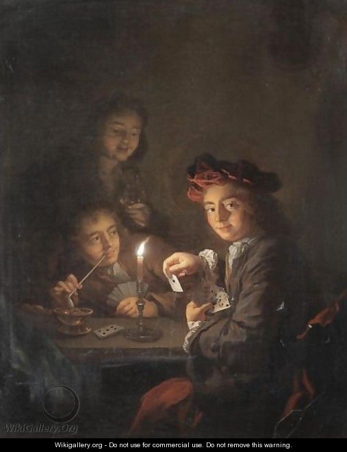 A Candlelit Interior With Boys Playing Cards - Arnold Boonen