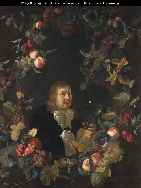 Portrait Of A Man, Possibly A Self-Portrait, Holding A Roemer Surrounded By A Garland Of Fruit Including Peaches, Grapes And Pomegranates - Abraham De Lust