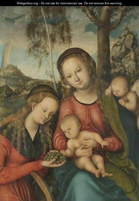 The Virgin And Child With Saint Catherine Holding A Bunch Of Grapes, A Winged Cherub Behind - (after) Lucas The Elder Cranach