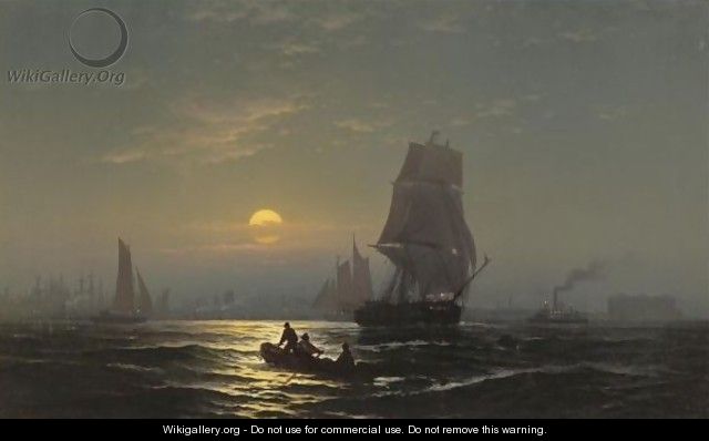 New York Harbor In Moonlight - Edward Moran