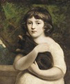 Portrait Of A Young Girlhalf Length, Standing, Wearing A White Dress And Holding A Cat In Her Arms - (after) Hunter, Robert