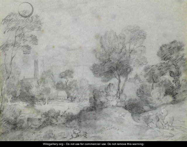 Wooded Landscape With A Traveller On A Country Road, A Church And Cottages Beyond - Thomas Gainsborough