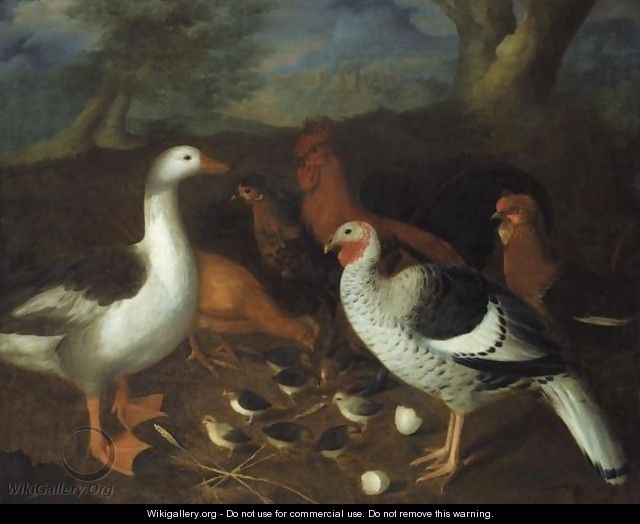 Bantams, A Goose, A Turkey And Chicks In A Landscape - Louis Hubner