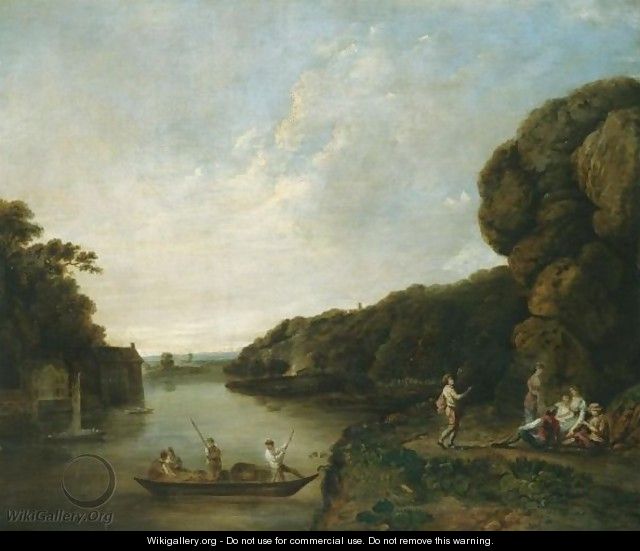 A River Landscape With A Ferryboat Approaching Elegant Company - William Marlow