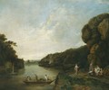 A River Landscape With A Ferryboat Approaching Elegant Company - William Marlow