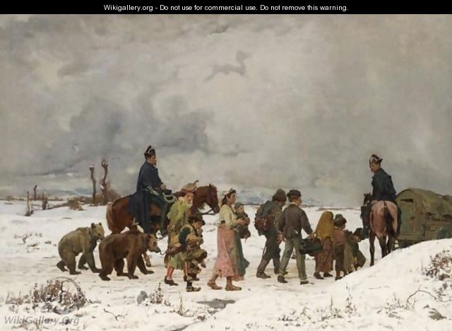 A Cheval Winter Landscape With Jugglers, Dancing Bears And Gendarmes On Horseback - Simon Durand