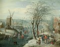 A Winter Landscape With Skaters On A Frozen River, A Village And Windmill Beyond - Karel Beschey