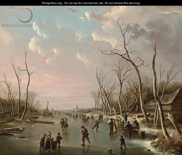 An Extensive Winter Landscape With Skaters On A Frozen River, A View Of A Town Beyond - Andries Vermeulen
