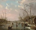 An Extensive Winter Landscape With Skaters On A Frozen River, A View Of A Town Beyond - Andries Vermeulen