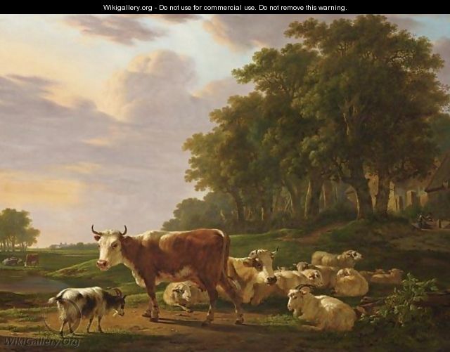 A Landscape With Cows, Sheep And Goats, And Houses Near The Edge Of A Wood With Figures - Jacob van Strij