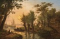 A River Landscape With Fishermen In A Boat Near A Meadow With Cows At Sunset, Sailing Vessels And A Town In The Background - Frans Swagers