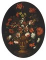 A Still Life With Tulips, Carnations, Roses And Other Flowers In A Vase On A Stone Table - North-Italian School