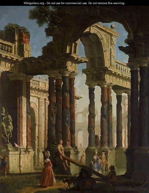 An Architectural Capriccio With Elegant Figures Promenading Among Antique Ruins, Children Playing Seesaw In The Foreground - Francesco Chiarottini