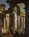 An Architectural Capriccio With Elegant Figures Promenading Among Antique Ruins, Children Playing Seesaw In The Foreground - Francesco Chiarottini