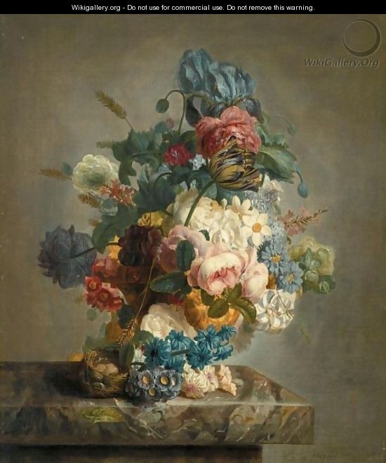 A Still Life Of Roses, Peonies, Irises, Primulae, A Variegated Tulip And Other Flowers, Together With A Birds Nest On A Marble Ledge - M. Van Spaey
