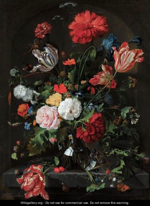 Still Life With Flowers In A Glass Vase On A Stone Ledge Before A Niche - (after) Jan Davidsz. De Heem