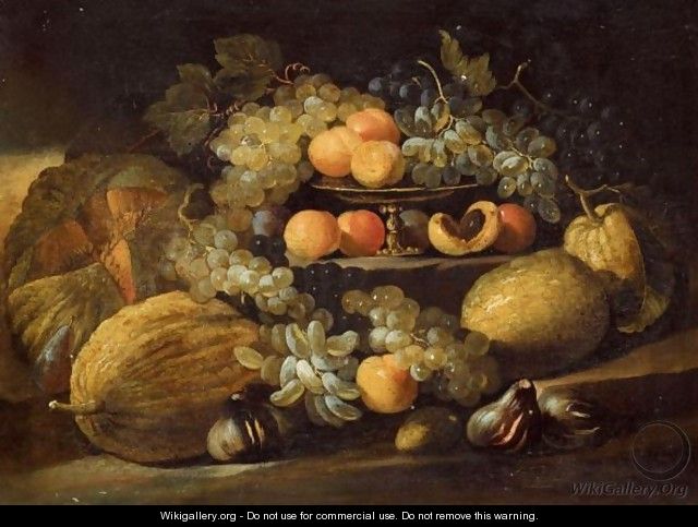 A Still Life Of Melons, Grapes, Figs And Apricots Arranged Over Some Stone Steps - (after) Abraham Brueghel