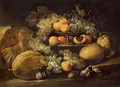 A Still Life Of Melons, Grapes, Figs And Apricots Arranged Over Some Stone Steps - (after) Abraham Brueghel