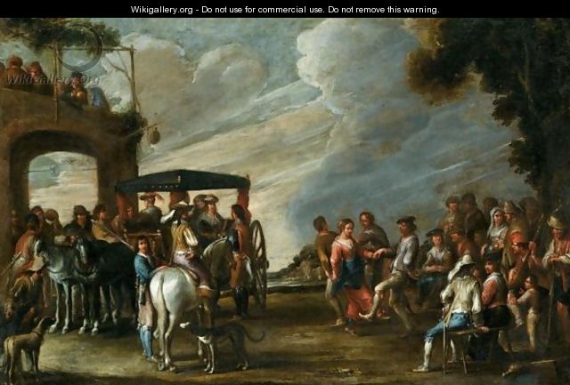 A Landscape With Ladies Descending From A Carriage Before A Tavern, Together With Figures Merrymaking And Dancing - Cornelis de Wael