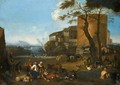 Italianate Landscape With Peasants Eating And Drinking With Their Animals Near A Fortified Village - (after) Michaelanglo Cerquozzi