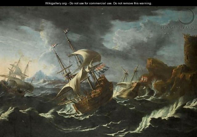 A Stormy Seascape With Shipping Off A Rocky Coast - (after) Mattthieu Van Plattenberg