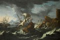 A Stormy Seascape With Shipping Off A Rocky Coast - (after) Mattthieu Van Plattenberg