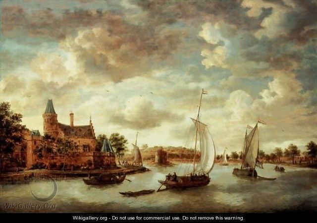 A River Landscape With Barges Passing A Chateau - Jan Abrahamsz. Beerstraten
