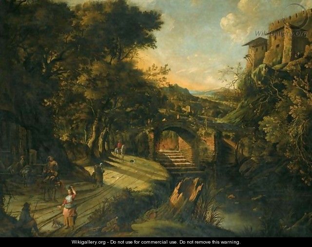 An Italianate River Landscape, With Figures On A Road Beside A Fountain, A Bridge Beyond - Jan Siberechts