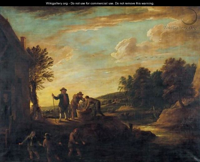 An Extensive Landscape With Fishermen In A River And Others Salting Fish On The Bank - (after) David The Younger Teniers