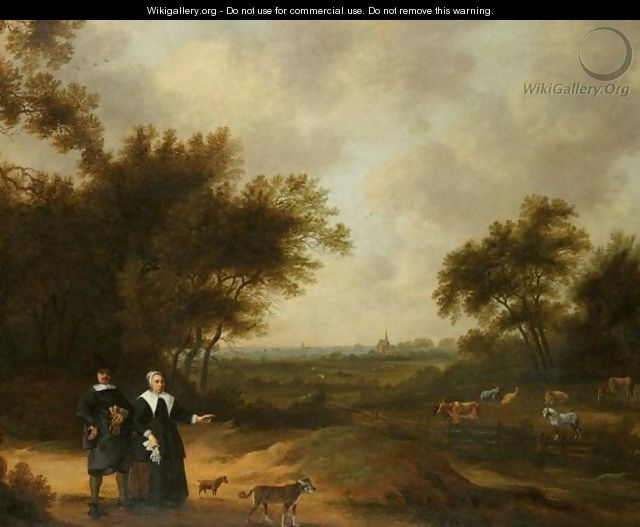 A Double Portrait Of A Couple Promenading With Their Dogs Through Their Country Estate - (after) Herman Doncker