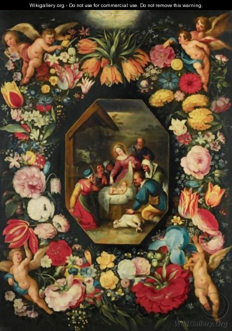 The Adoration Of The Shepherds, Surrounded By A Garland Of Flowers Held Aloft By Putti - (after) Jan, The Younger Brueghel