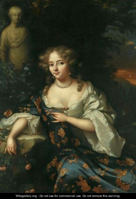 Portrait Of A Lady, Three-Quarter Length, Wearing A White Silk Chemise And A Gold Embroidered Blue Dress - Aleijda Wolfsen
