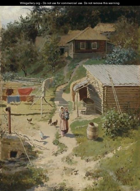 Farmstead With A Woman And Child - Alexander Alexandrovich Kiselev
