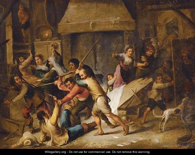 Tavern Interior With Boors Fighting - (after) Cornelis De Wael