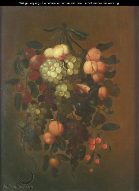 Still Life With Apricots, Grapes, Plums, Cherries, Figs, Raspberries And Oranges Hanging From A Nail - J. Bourginon
