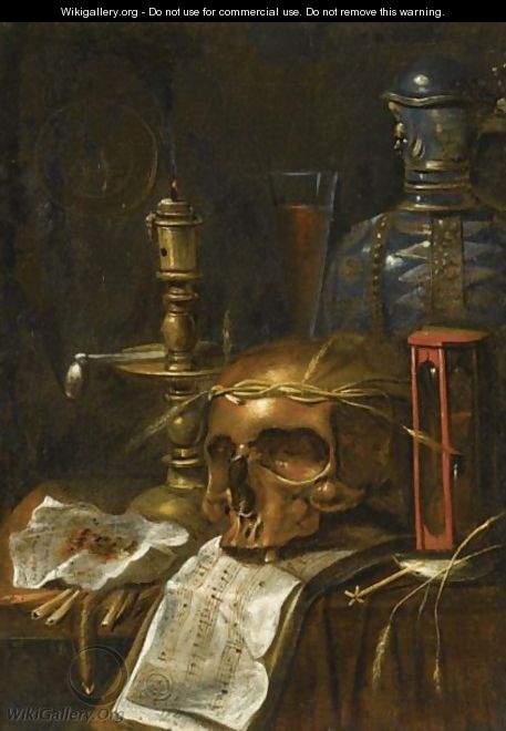 A Vanitas Still Life With A Candle, A Skull, An Hourglass, A Flagon And A Glass, On A Wooden Table - (after) Sebastiaen Bonnecroye