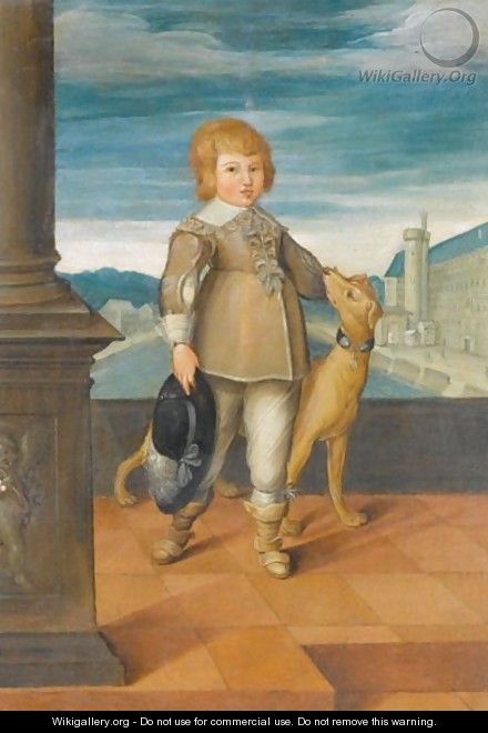 Portrait Of A Young Boy In A Frock Coat Before A City Canal - Flemish School
