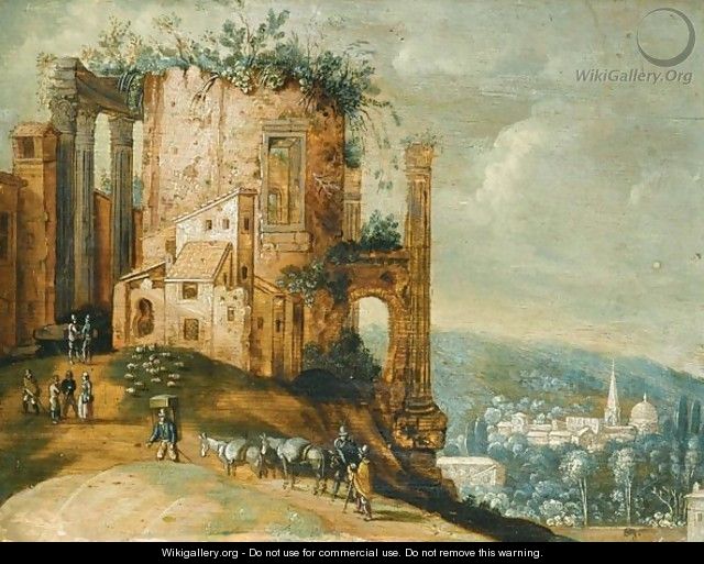 An Italianate Landscape With A Capriccio Of The Temple Of Vesta, Tivoli - (after) Willem Van, The Younger Nieulandt