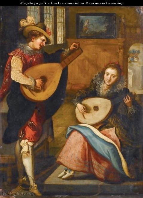 An Elegant Interior With A Lady And A Gentleman Playing Lutes - (after) Louis De Caullery